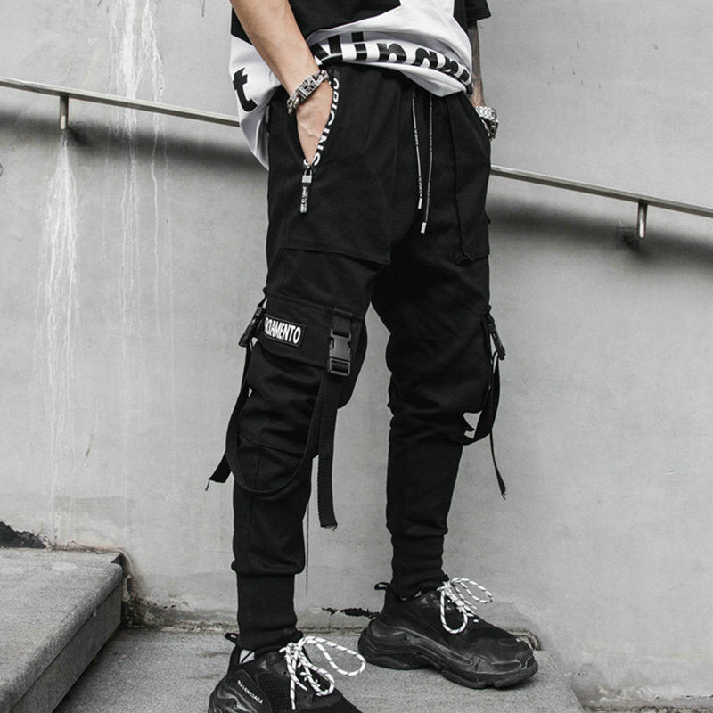Mens Multi-pocket Ribbons Design Harem Pant Men Streetwear Punk Hip Hop  Casual Trousers Joggers Male Dancing Pant Black WA144